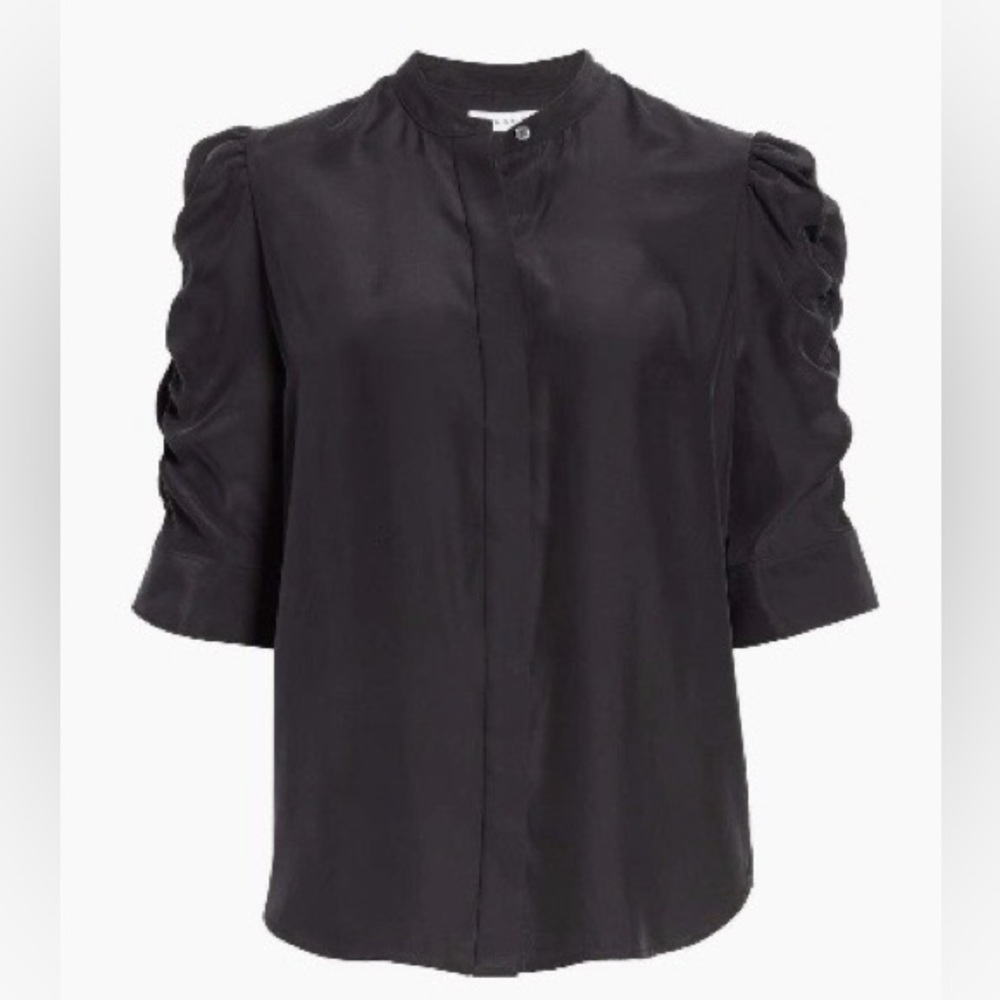 FRAME Shirred Sleeve, Silk Blouse, Noir, Large